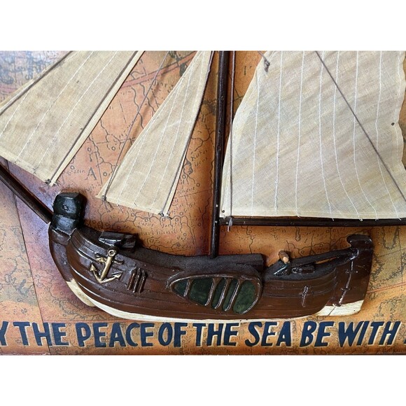 Vintage Sailboat Framed Map Wooden Mast Cloth Sails Nautical Wall Art 24"x18" - Picture 3 of 9